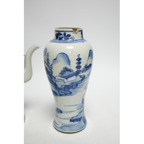 409 - 19th century Chinese blue and white porcelain comprising teapot, vase and dish, largest 18cm high... 