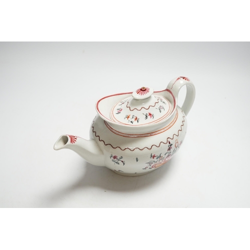 412 - A Newhall porcelain boat shaped teapot, c.1800 with floral decoration, 25cm wide