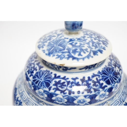 419 - A late 19th century Chinese blue and white floral jar and cover, seal mark, 17cm high