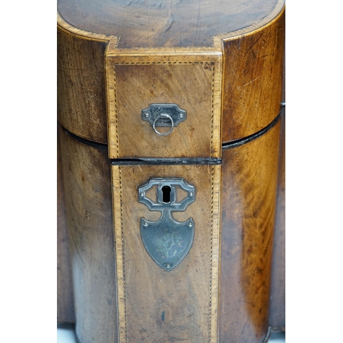 425 - A pair of George III mahogany inlaid knife boxes with shield shaped lock plates (one converted), 38c... 