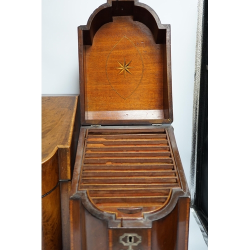 425 - A pair of George III mahogany inlaid knife boxes with shield shaped lock plates (one converted), 38c... 