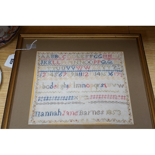 426 - Two Victorian alphabet samplers worked by Emma and Hannah Barnes, one dated 1853, framed as one, ove... 