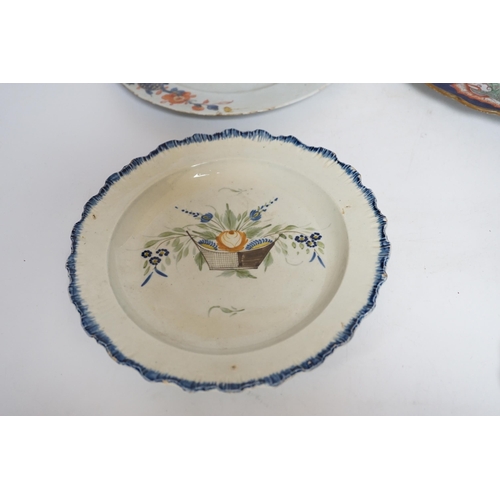 427 - Two late 18th century pearlware Prattware plates, a Chinese export plate and an ironstone plate, lar... 