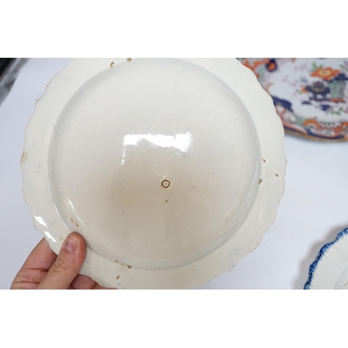 427 - Two late 18th century pearlware Prattware plates, a Chinese export plate and an ironstone plate, lar... 