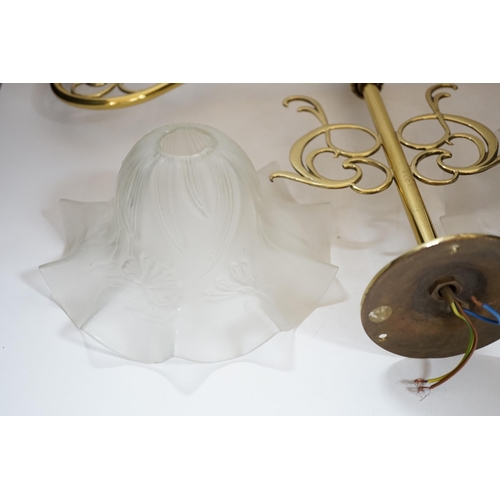 428 - A brass pendant light and two opaque glass frilled shades, 60cm wide