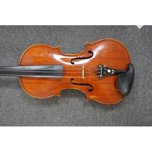 429 - A 19th century violin with silver mounted bow and case, back measures 36cm CITES Submission referenc... 