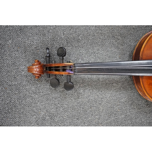 429 - A 19th century violin with silver mounted bow and case, back measures 36cm CITES Submission referenc... 