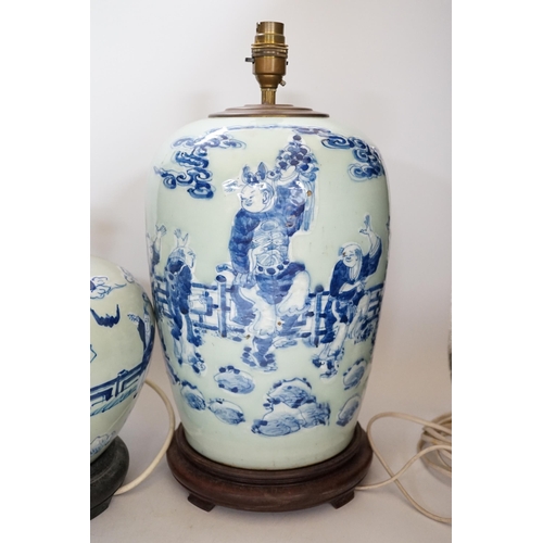 431 - Two Chinese blue and white celadon glazed lamp bases, largest 43cm high including fitting