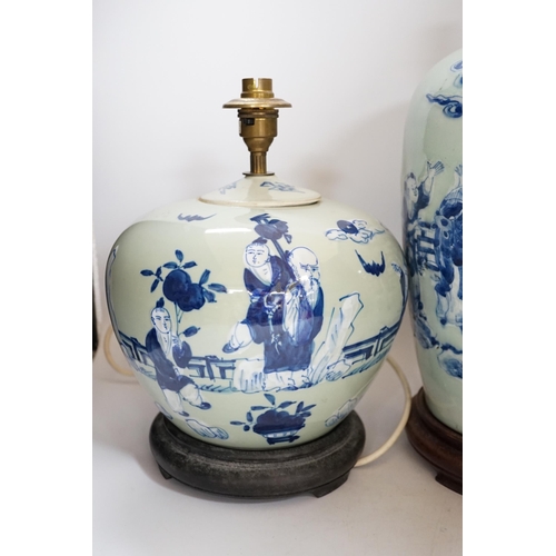 431 - Two Chinese blue and white celadon glazed lamp bases, largest 43cm high including fitting