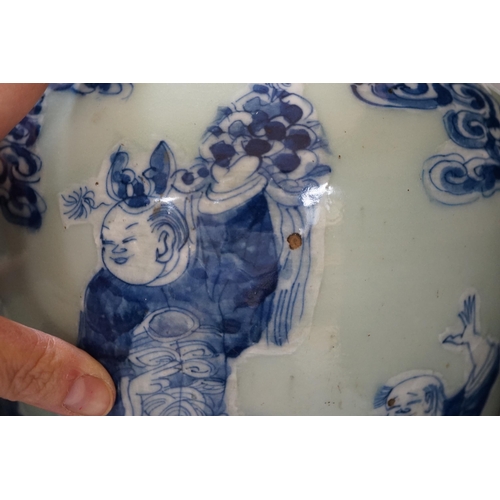 431 - Two Chinese blue and white celadon glazed lamp bases, largest 43cm high including fitting