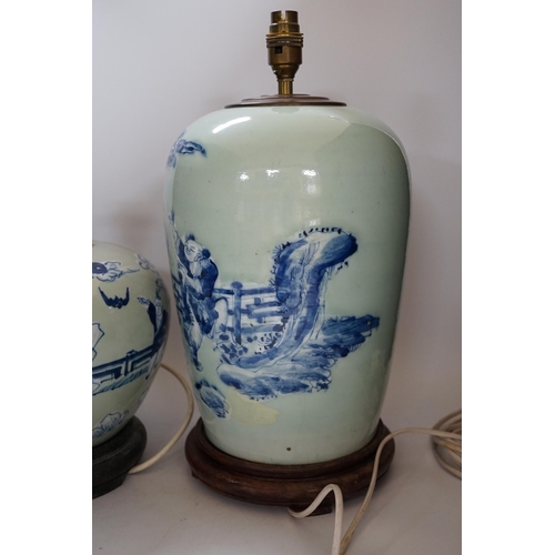 431 - Two Chinese blue and white celadon glazed lamp bases, largest 43cm high including fitting