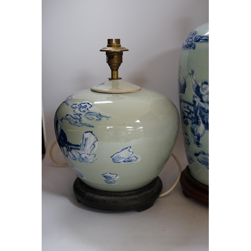 431 - Two Chinese blue and white celadon glazed lamp bases, largest 43cm high including fitting