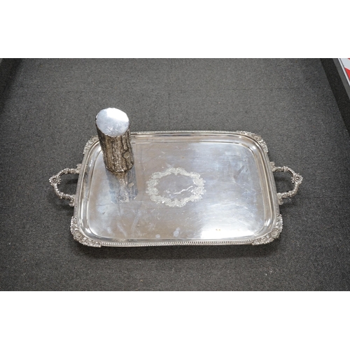 433 - A Walker and Hall silver plated tray and a tree trunk paperweight, tray length 72cm