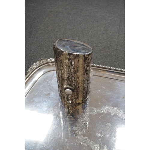 433 - A Walker and Hall silver plated tray and a tree trunk paperweight, tray length 72cm