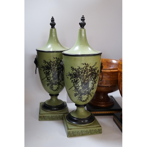 434 - A pair of Toleware urns, a turned maple pedestal bowl and urn