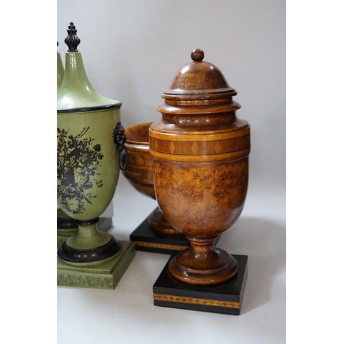 434 - A pair of Toleware urns, a turned maple pedestal bowl and urn