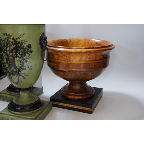 434 - A pair of Toleware urns, a turned maple pedestal bowl and urn