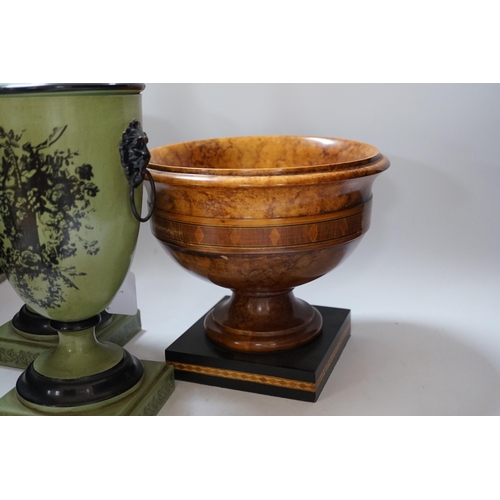 434 - A pair of Toleware urns, a turned maple pedestal bowl and urn