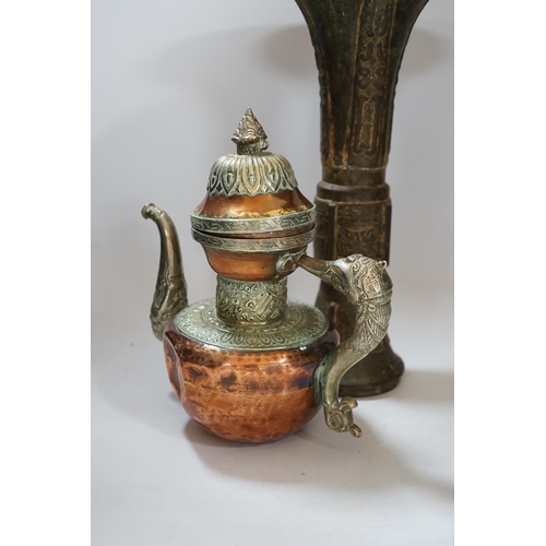 437 - A Chinese bronze gu vase, a 19th century Chinese blue and white vase and a Tibetan teapot, tallest 3... 