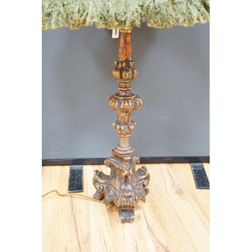 450 - An Italian column lamp with green fabric shade, 88cm high including the shade