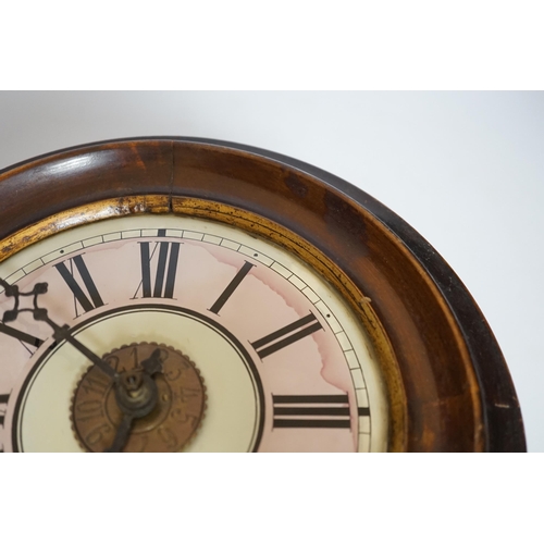 455 - An antique postman's alarm clock with pendulum and weights, 27cm