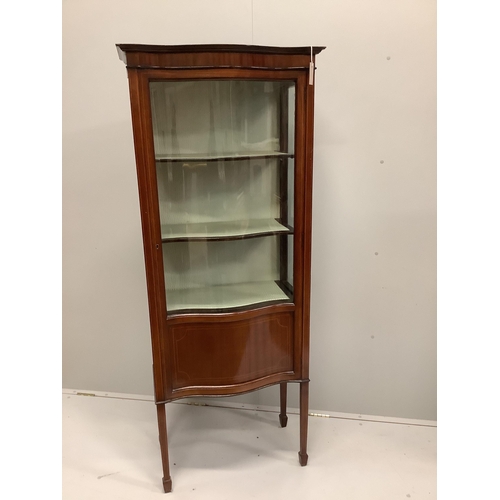 46 - An Edwardian satinwood strung serpentine mahogany display cabinet, width 71cm, depth 39cm, height 17... 