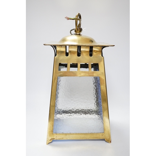 460 - An Arts & Crafts brass and coloured hanging lantern, bought from Libertys, 44cm high