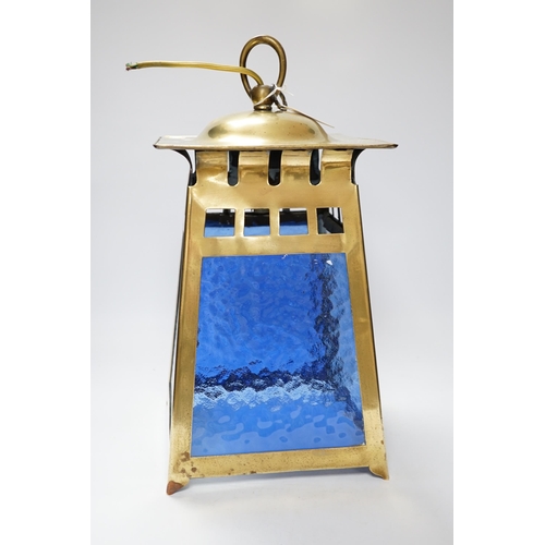 460 - An Arts & Crafts brass and coloured hanging lantern, bought from Libertys, 44cm high