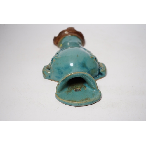 469 - A Chinese Guandong turquoise glazed pottery wall vase, early 20th century, 25cm high