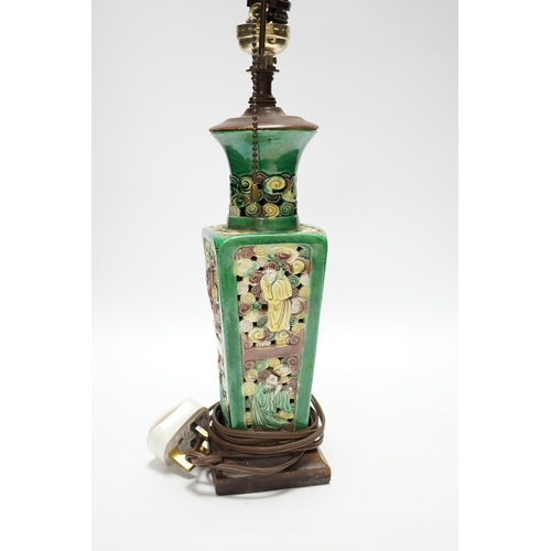 477 - A Chinese sancai glazed square vase, early 20th century, mounted as a lamp, vase 23cm excluding fitt... 