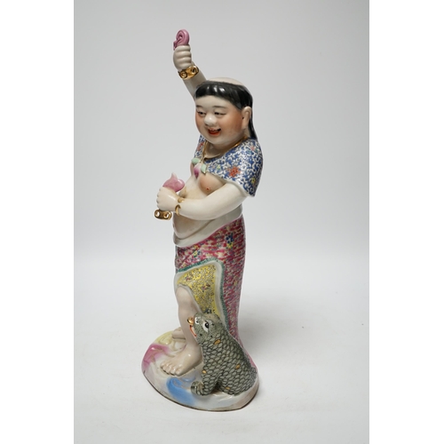 482 - A Chinese famille rose porcelain figure of Liu Hai, stamp to base, 39cm