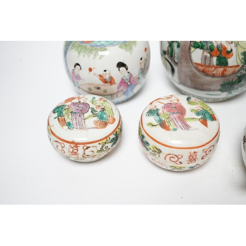 485 - A group of 19th/20th century Chinese famille rose boxes and covers and jars etc., tallest 11.5cm... 