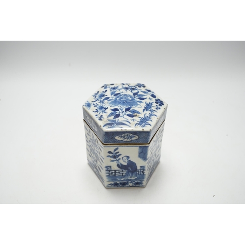 488 - A late 19th century Chinese blue and white hexagonal jar and cover, 14cm