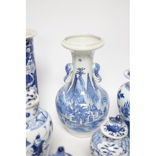 491 - A late 19th century Chinese blue and white twin elephant head handle vase and five other 19th centur... 