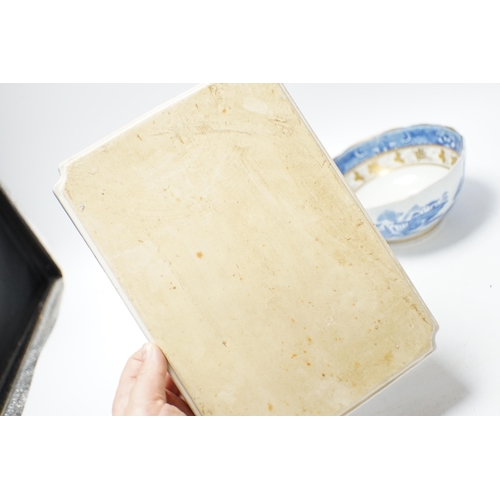 493 - Five items of Chinese tableware; a rectangular tray, three shallow dishes, and a blue and white bowl... 