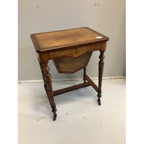 51 - A late Victorian amboyna banded rectangular walnut writing/work table, width 56cm, depth 40cm, heigh... 