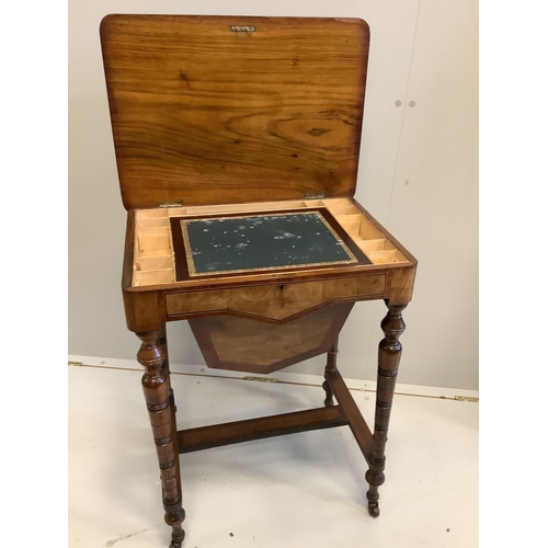 51 - A late Victorian amboyna banded rectangular walnut writing/work table, width 56cm, depth 40cm, heigh... 