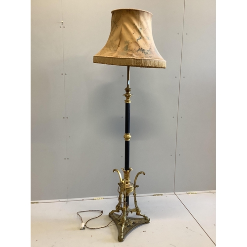 52 - A Victorian gilt brass and black lacquered adjustable lamp standard, height including shade 176cm... 