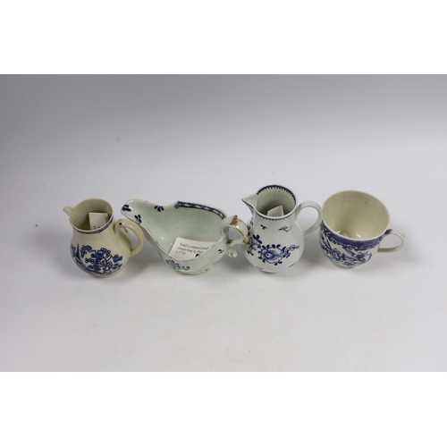 522 - Christian or Pennington, Liverpool porcelain - a sauceboat, two milk jugs and a coffee cup, largest ... 