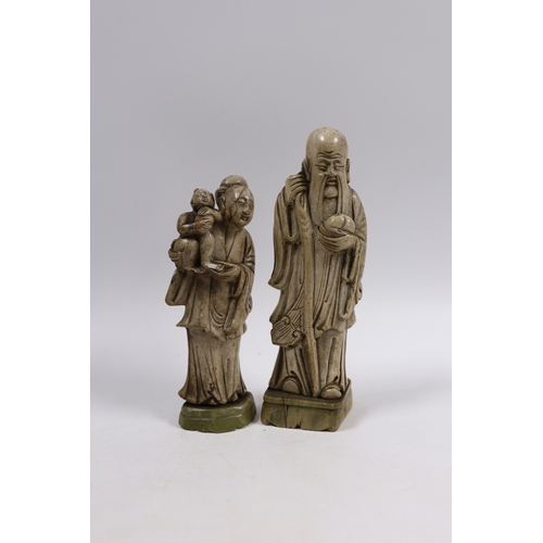 525 - Two Chinese soapstone figures, two bronze lion dogs, etc. tallest figure 18cm high (4)