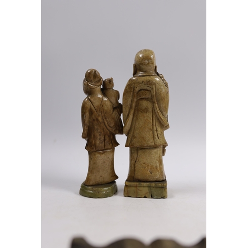 525 - Two Chinese soapstone figures, two bronze lion dogs, etc. tallest figure 18cm high (4)