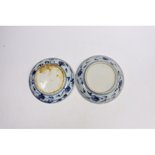 526 - A pair of Chinese late Ming blue and white dishes, Tianqi, 14cm diameter