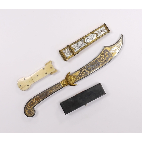 533 - Two 19th century needle cases, one in bone, and one in gilt metal with mother-of-pearl inlay, a tort... 