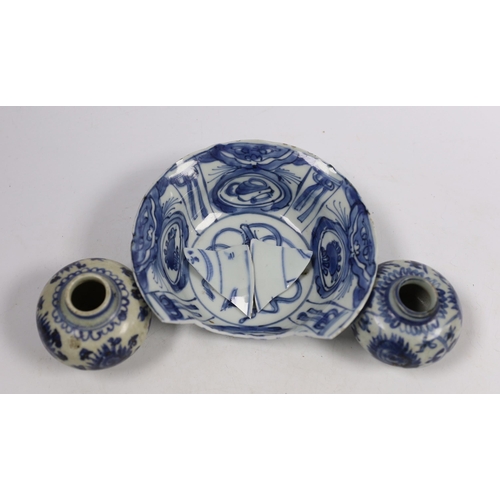 537 - A pair of Chinese blue and white jarlets, Ming Dynasty and a Chinese kraak blue and white bowl, bowl... 