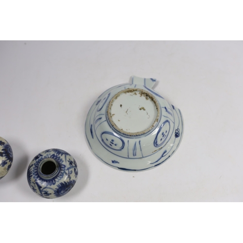 537 - A pair of Chinese blue and white jarlets, Ming Dynasty and a Chinese kraak blue and white bowl, bowl... 