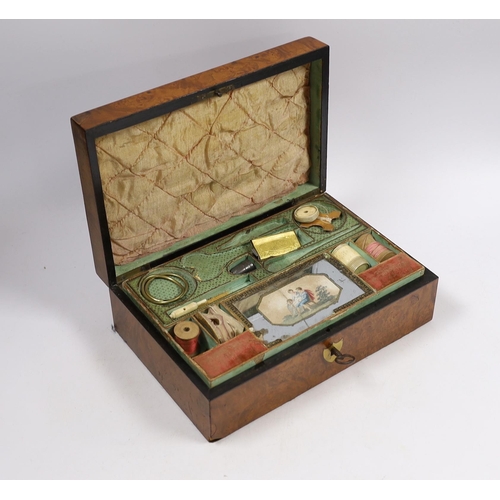 538 - An early 19th century French bird's-eye maple and a walnut sewing box containing some sewing accesso... 