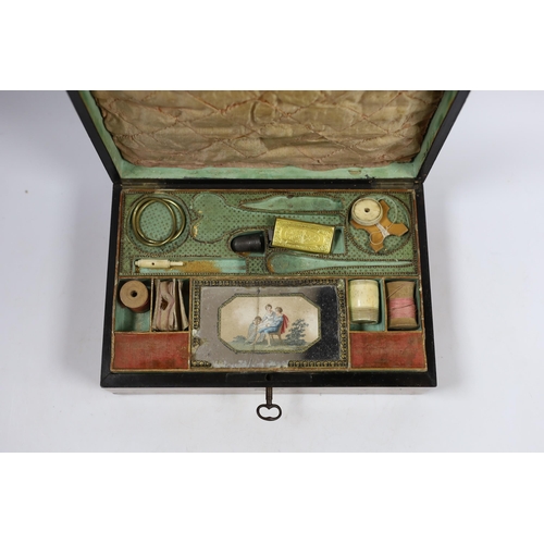 538 - An early 19th century French bird's-eye maple and a walnut sewing box containing some sewing accesso... 