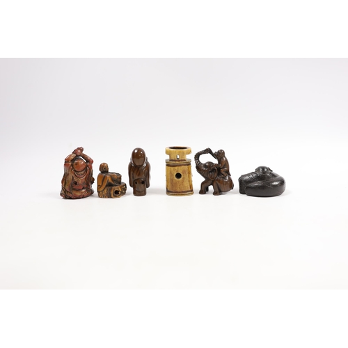 541 - A group of six Japanese netsuke in wood, staghorn and lacquer, 19th century and later