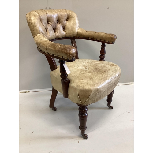 56 - A late Victorian mahogany and buttoned leather tub frame desk chair, width 62cm, depth 50cm, height ... 