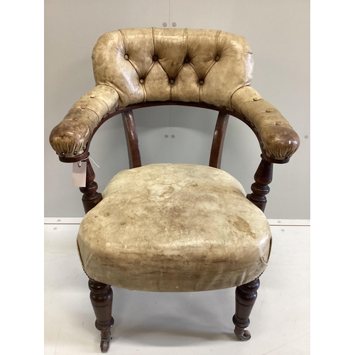 56 - A late Victorian mahogany and buttoned leather tub frame desk chair, width 62cm, depth 50cm, height ... 